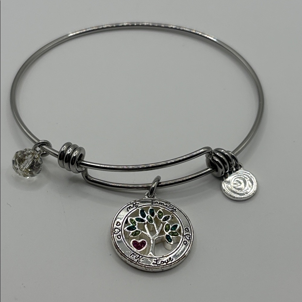 Silver and Green Adjustable Wire Bracelet with Charm